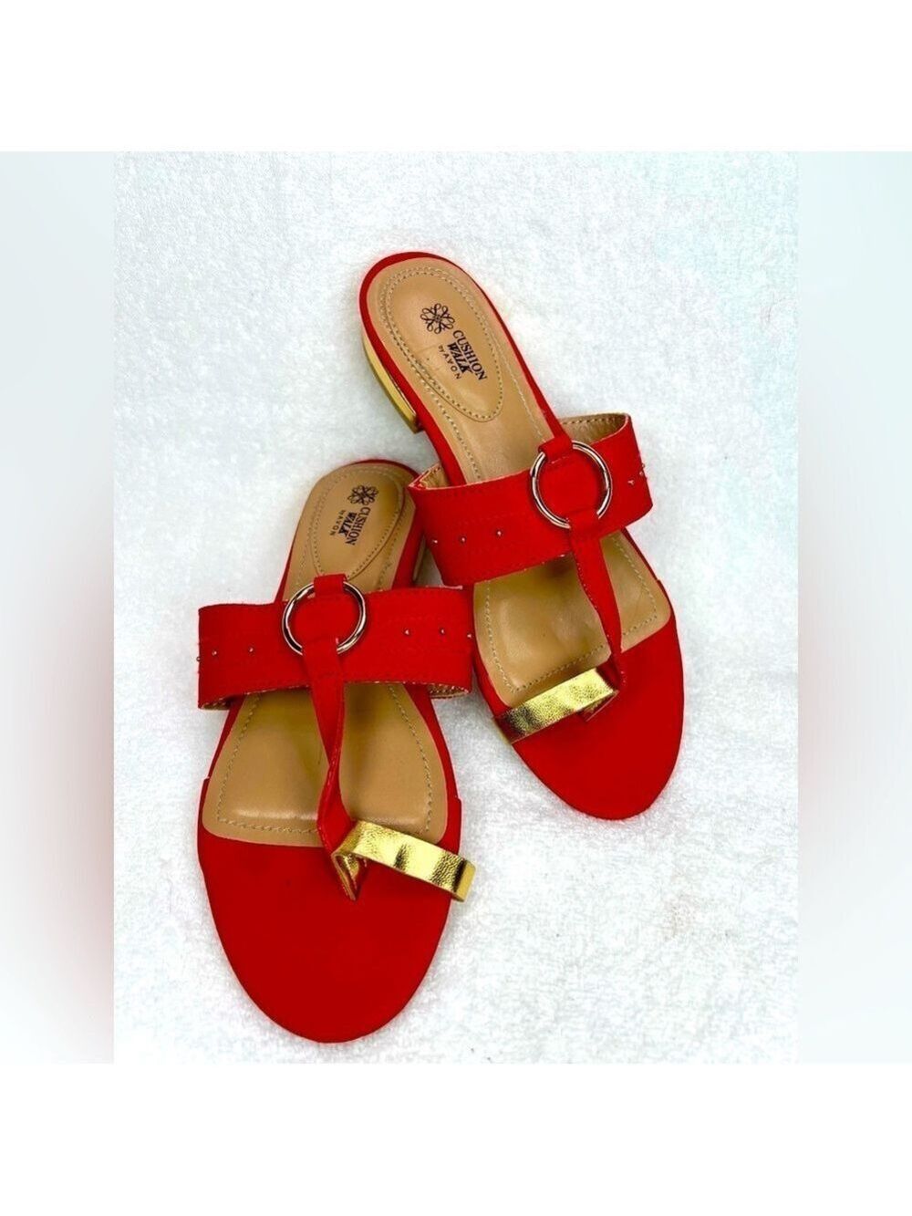 Avon, Cushion Walk red with gold hardware sandals